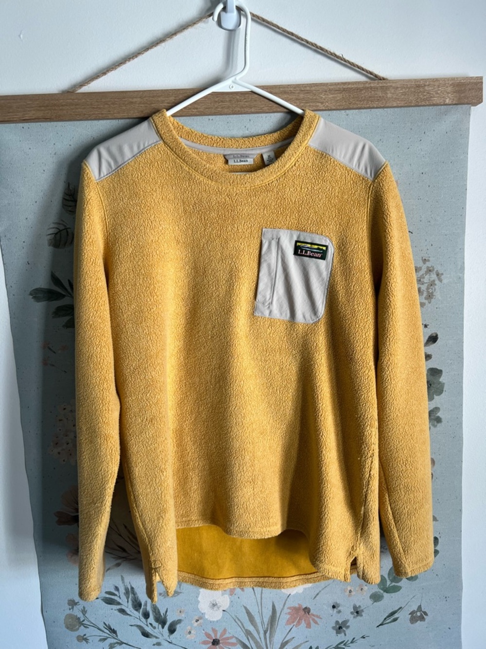 L.L. Bean Yellow Crewneck Fleece Sweater with Cream Pocket